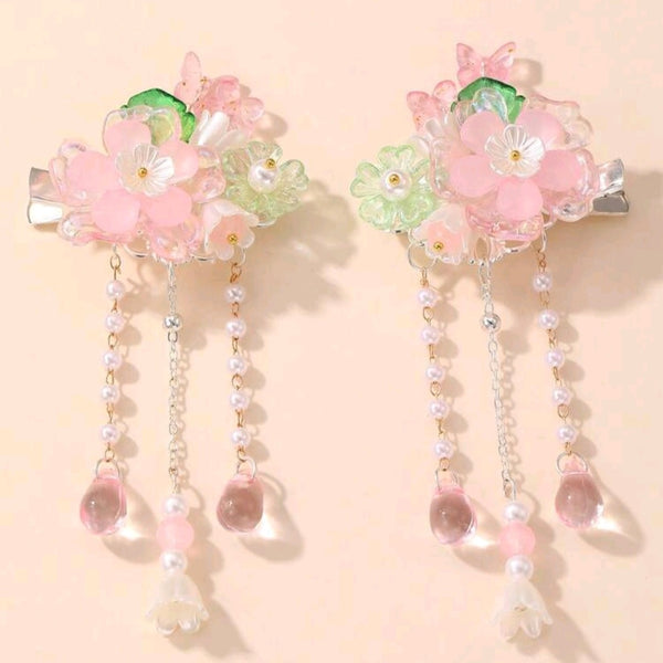 Crystal Flower with dangle hair clip set