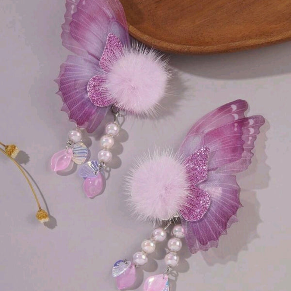 Butterfly with Pom-Pom and tassel hair claw
